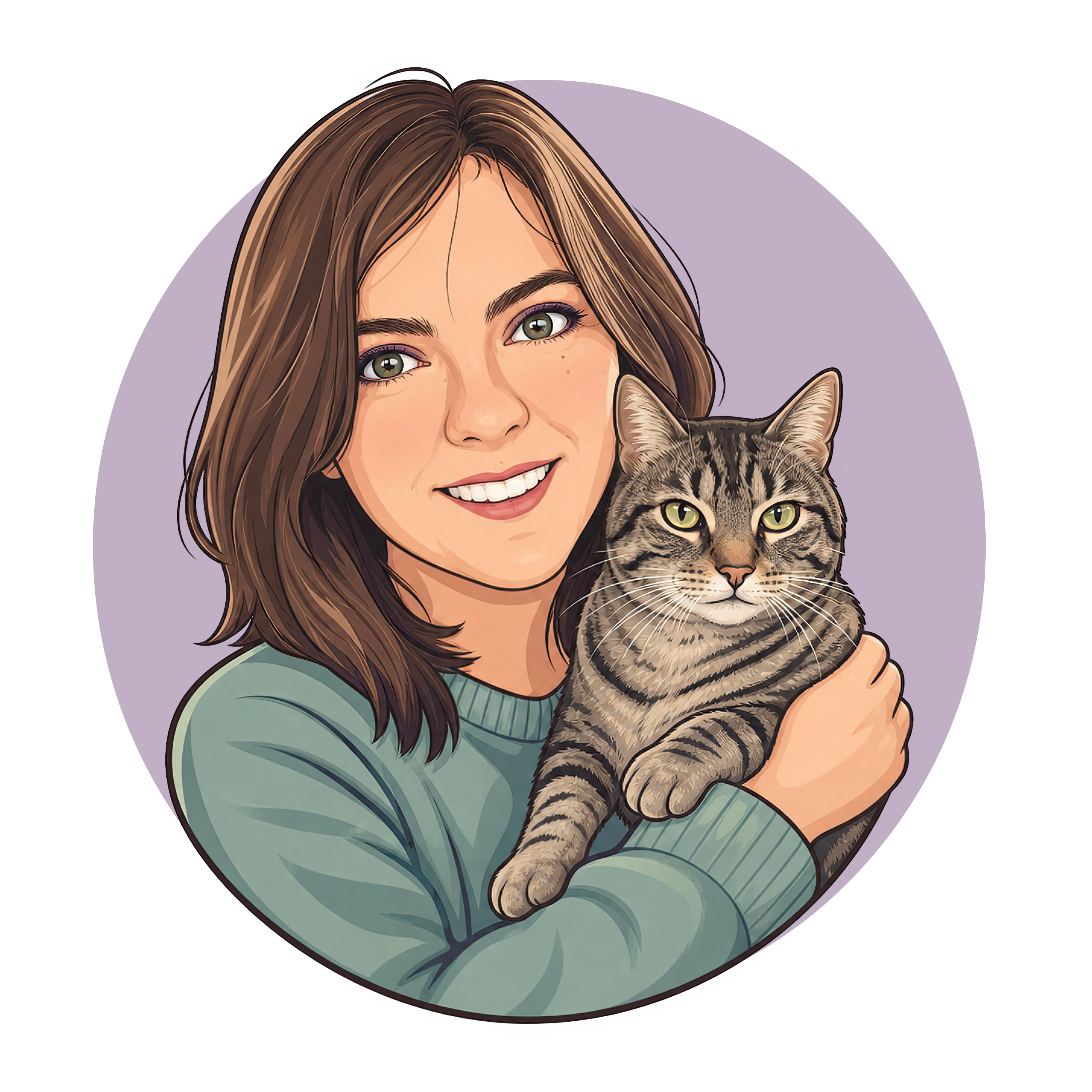 Cartoon portrait of Morgan Briar holding her cat Bucket